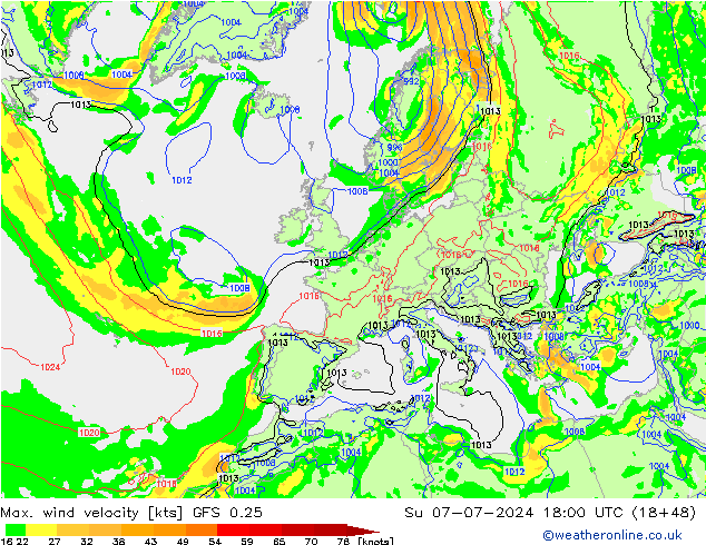 Max. wind snelheid GFS 0.25 zo 07.07.2024 18 UTC