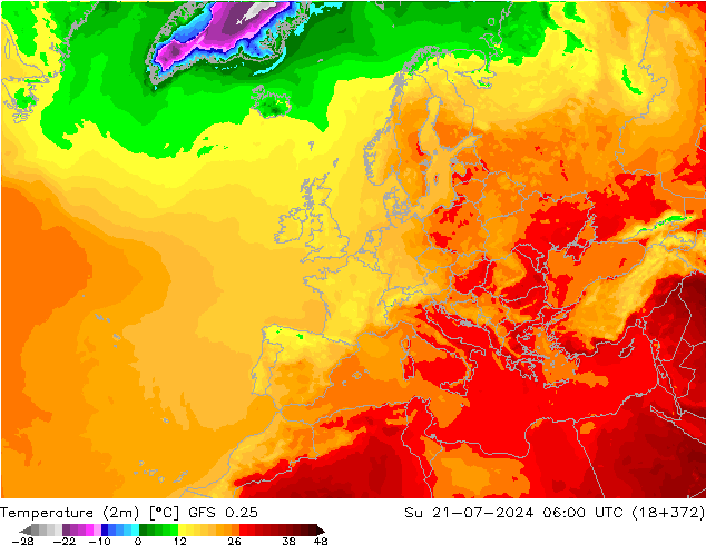 Temperatuurkaart (2m) GFS 0.25 zo 21.07.2024 06 UTC