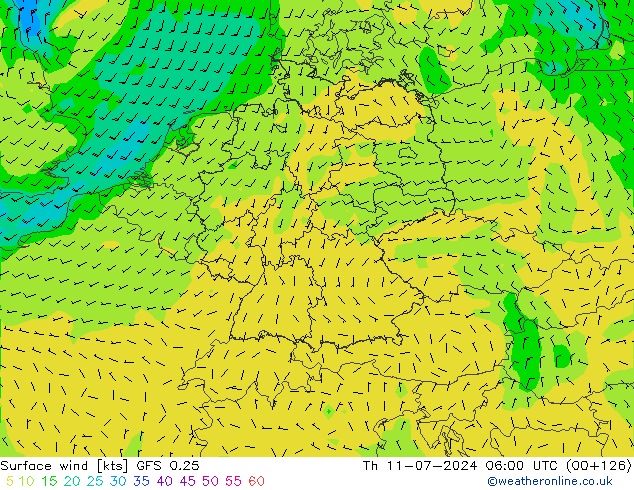 风 10 米 GFS 0.25 星期四 11.07.2024 06 UTC