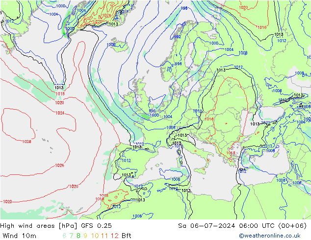 High wind areas GFS 0.25 星期六 06.07.2024 06 UTC