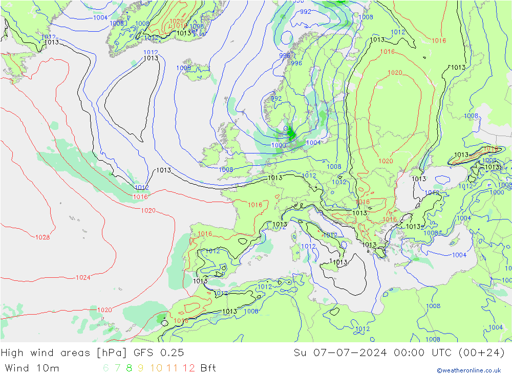 High wind areas GFS 0.25 星期日 07.07.2024 00 UTC
