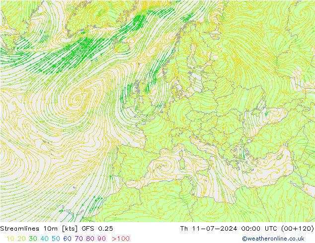 Stroomlijn 10m GFS 0.25 do 11.07.2024 00 UTC