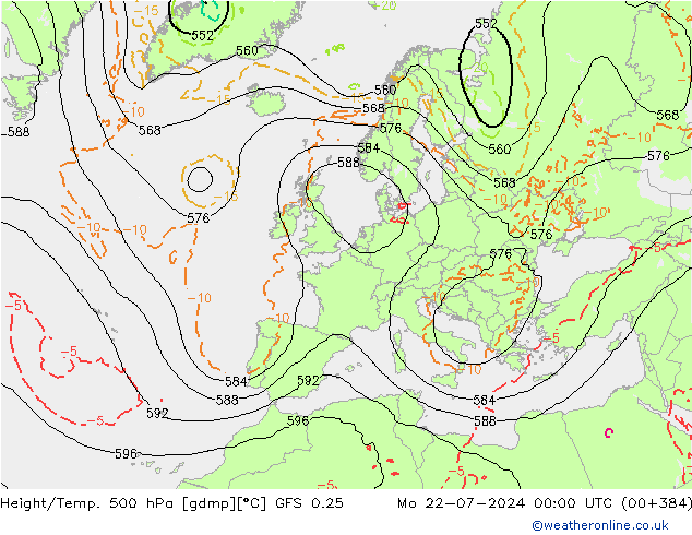 Z500/Rain (+SLP)/Z850 GFS 0.25 星期一 22.07.2024 00 UTC