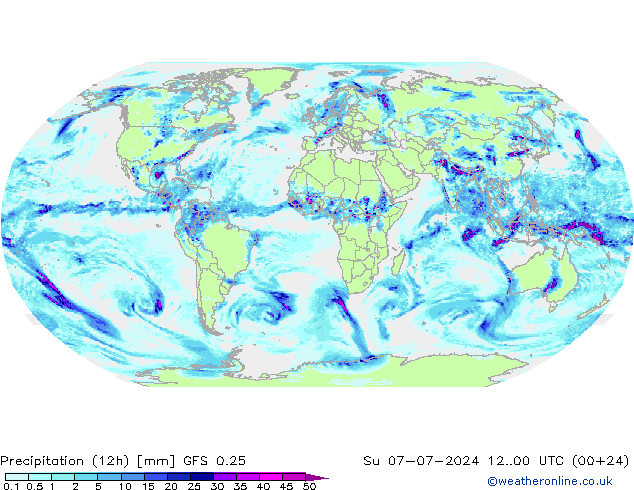 Totale neerslag (12h) GFS 0.25 zo 07.07.2024 00 UTC