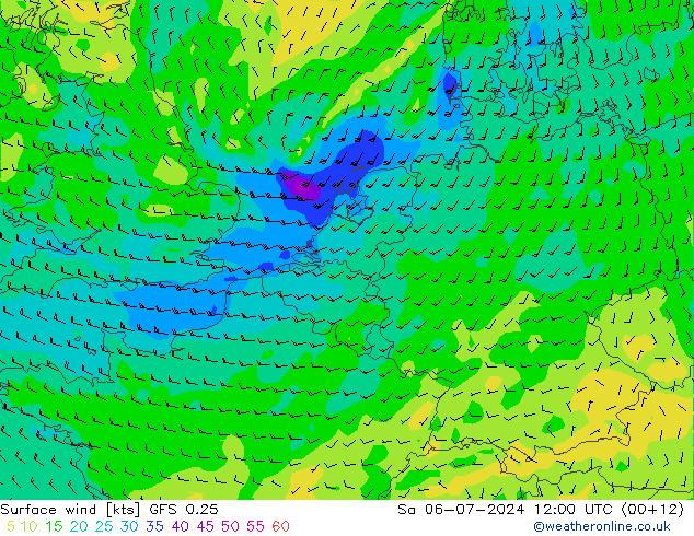 Wind 10 m GFS 0.25 za 06.07.2024 12 UTC