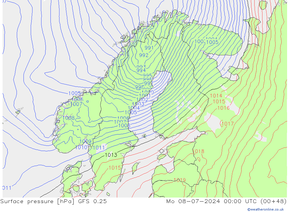 地面气压 GFS 0.25 星期一 08.07.2024 00 UTC