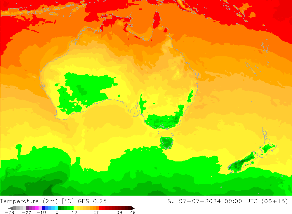 Temperatuurkaart (2m) GFS 0.25 zo 07.07.2024 00 UTC