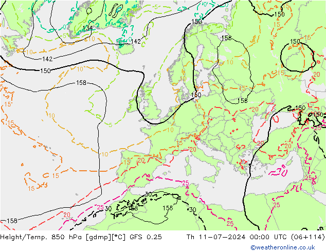 Z500/Rain (+SLP)/Z850 GFS 0.25 星期四 11.07.2024 00 UTC