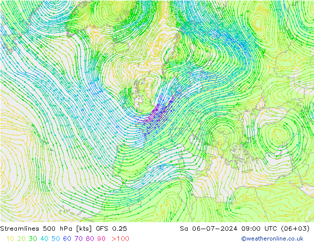 风 500 hPa GFS 0.25 星期六 06.07.2024 09 UTC
