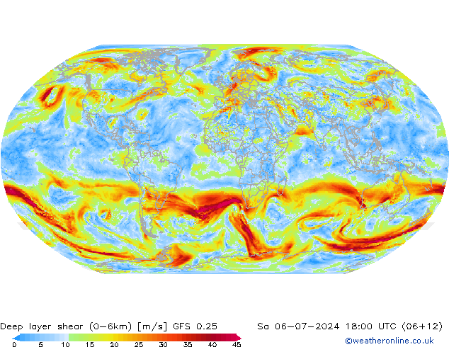 Deep layer shear (0-6km) GFS 0.25 za 06.07.2024 18 UTC