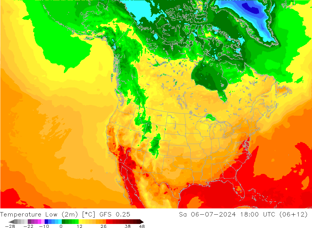 Min.temperatuur (2m) GFS 0.25 za 06.07.2024 18 UTC