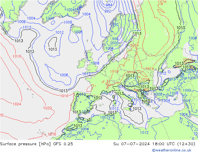 Luchtdruk (Grond) GFS 0.25 zo 07.07.2024 18 UTC