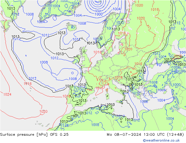 地面气压 GFS 0.25 星期一 08.07.2024 12 UTC