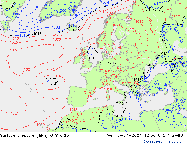 地面气压 GFS 0.25 星期三 10.07.2024 12 UTC