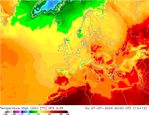 Temperature High (2m) GFS 0.25 星期日 07.07.2024 00 UTC