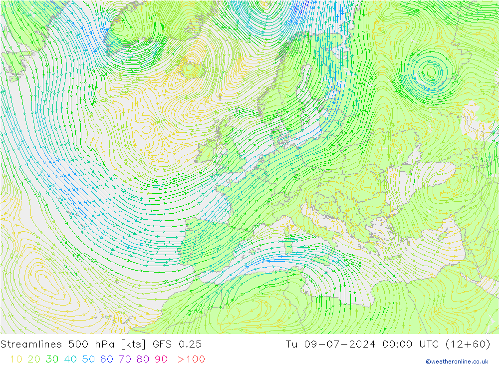 风 500 hPa GFS 0.25 星期二 09.07.2024 00 UTC