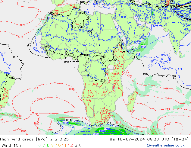 Windvelden GFS 0.25 wo 10.07.2024 06 UTC