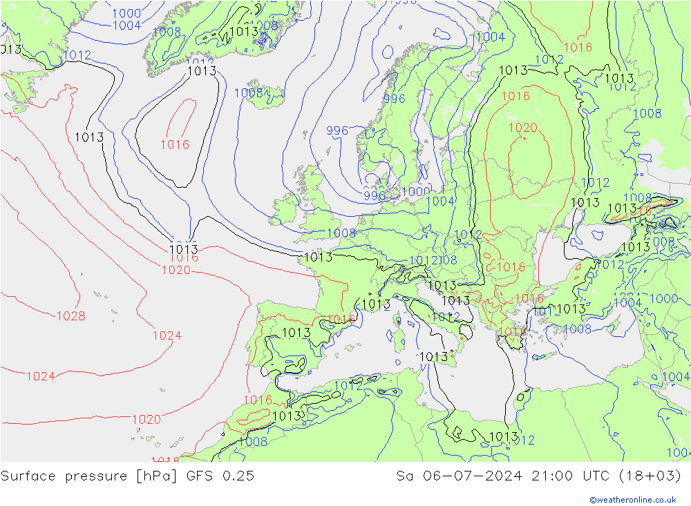 地面气压 GFS 0.25 星期六 06.07.2024 21 UTC