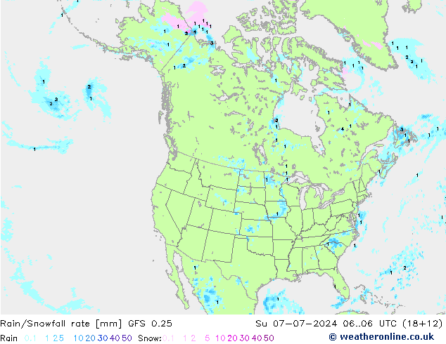 Rain/Snowfall rate GFS 0.25 星期日 07.07.2024 06 UTC