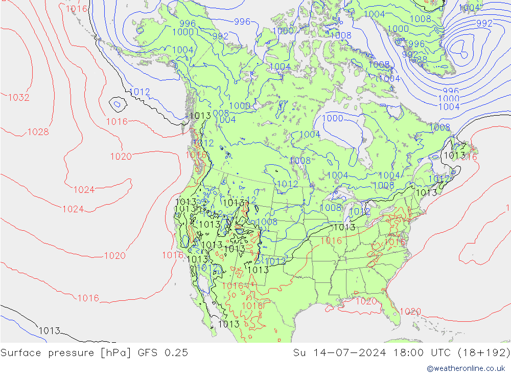 地面气压 GFS 0.25 星期日 14.07.2024 18 UTC