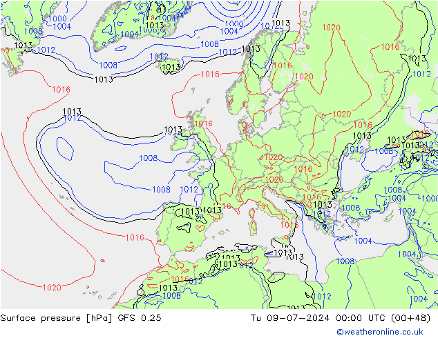 地面气压 GFS 0.25 星期二 09.07.2024 00 UTC