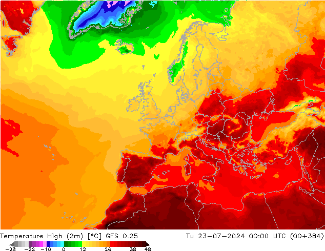 Temperature High (2m) GFS 0.25 星期二 23.07.2024 00 UTC