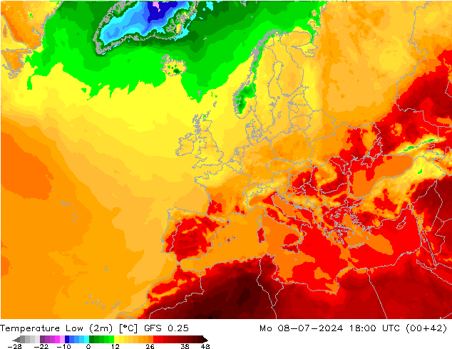 Temperature Low (2m) GFS 0.25 星期一 08.07.2024 18 UTC