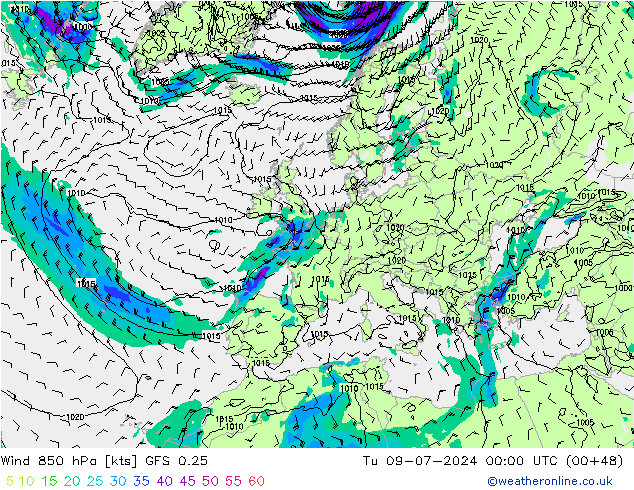 风 850 hPa GFS 0.25 星期二 09.07.2024 00 UTC