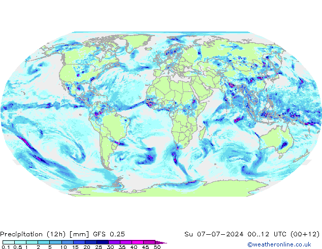 Totale neerslag (12h) GFS 0.25 zo 07.07.2024 12 UTC