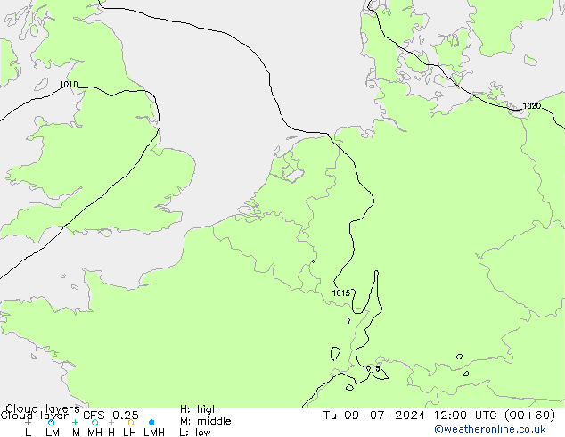 Wolkenlagen GFS 0.25 di 09.07.2024 12 UTC