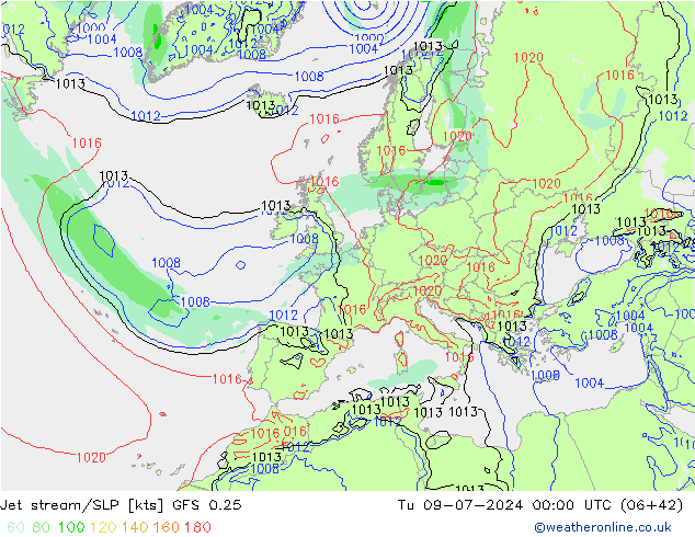 高速氣流/地面气压 GFS 0.25 星期二 09.07.2024 00 UTC