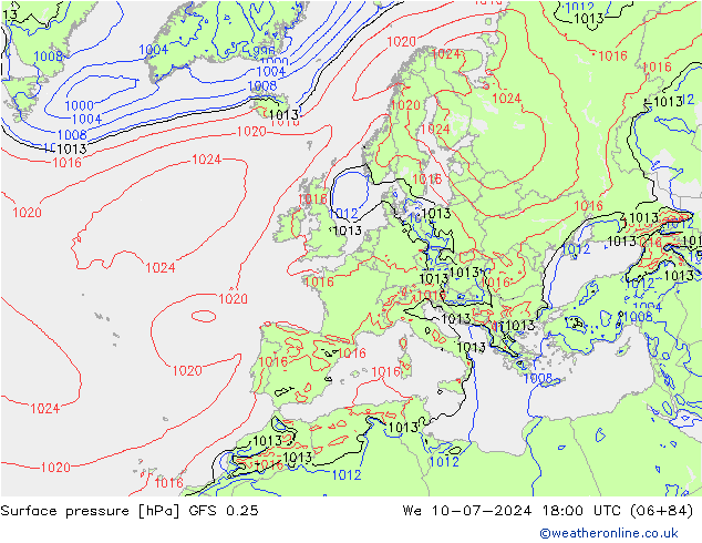 地面气压 GFS 0.25 星期三 10.07.2024 18 UTC