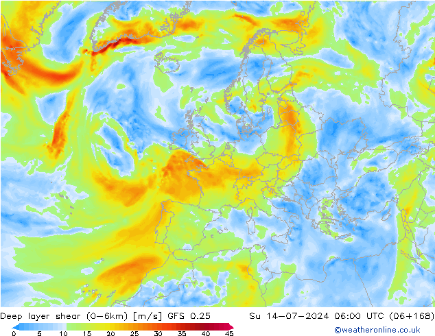 Deep layer shear (0-6km) GFS 0.25 星期日 14.07.2024 06 UTC