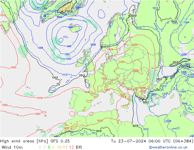 High wind areas GFS 0.25 星期二 23.07.2024 06 UTC