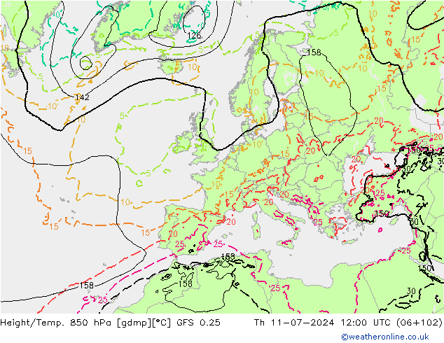 Z500/Rain (+SLP)/Z850 GFS 0.25 星期四 11.07.2024 12 UTC
