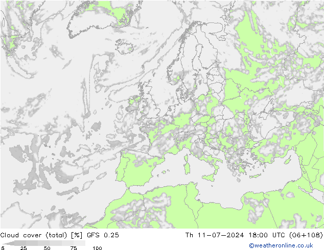 Bewolking (Totaal) GFS 0.25 do 11.07.2024 18 UTC