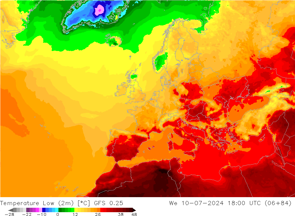 Min.temperatuur (2m) GFS 0.25 wo 10.07.2024 18 UTC