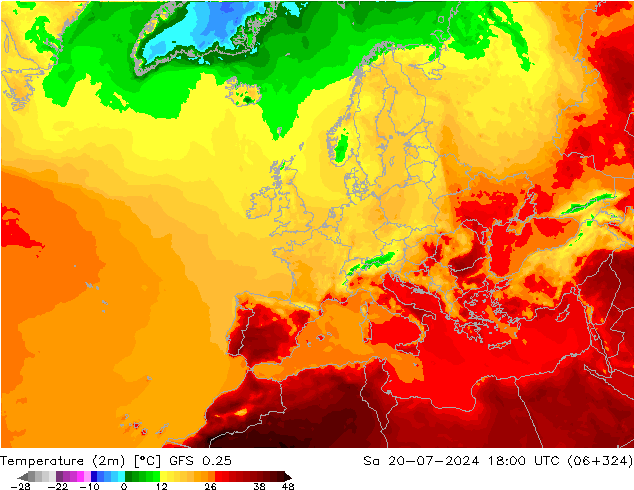 Temperatuurkaart (2m) GFS 0.25 za 20.07.2024 18 UTC
