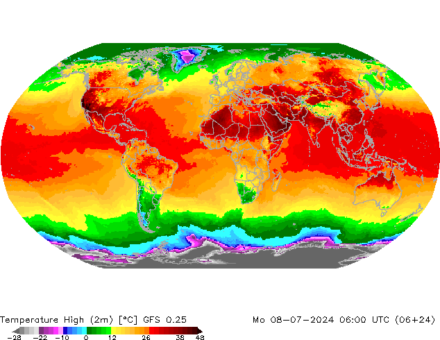 Max.temperatuur (2m) GFS 0.25 ma 08.07.2024 06 UTC