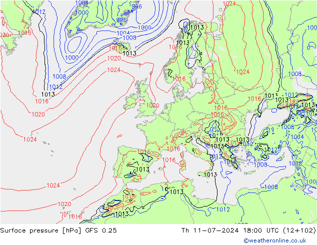 地面气压 GFS 0.25 星期四 11.07.2024 18 UTC