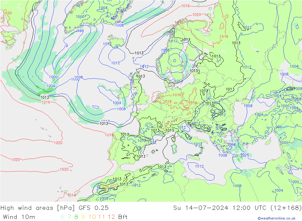 High wind areas GFS 0.25 星期日 14.07.2024 12 UTC