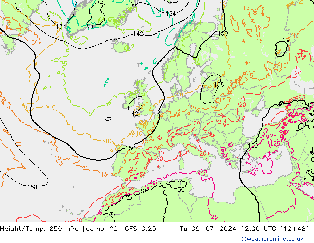 Hoogte/Temp. 850 hPa GFS 0.25 di 09.07.2024 12 UTC