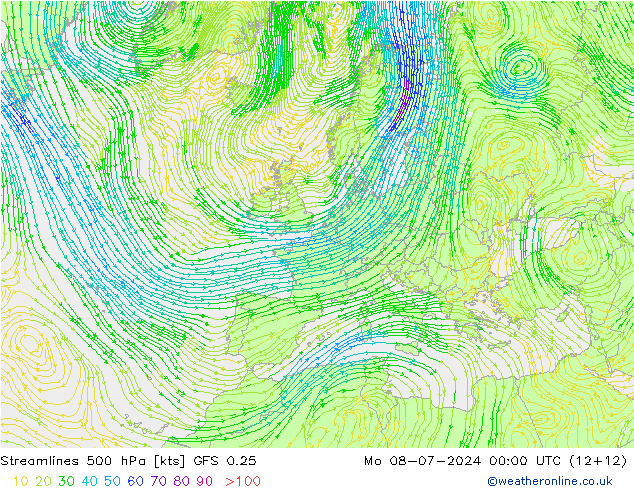 风 500 hPa GFS 0.25 星期一 08.07.2024 00 UTC