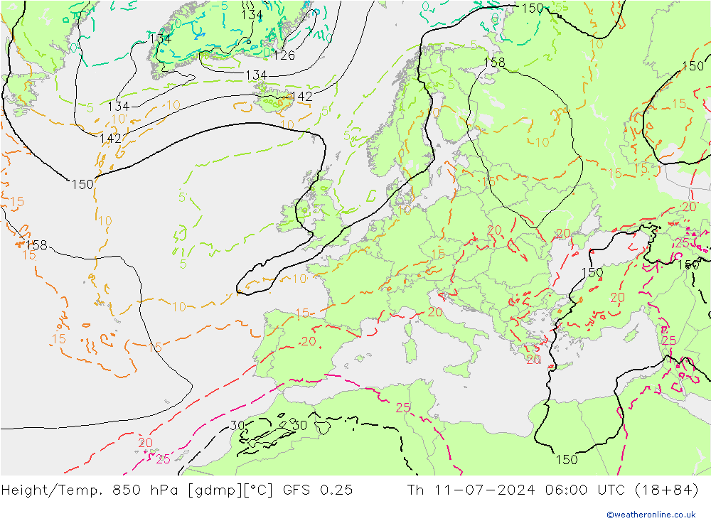 Z500/Rain (+SLP)/Z850 GFS 0.25 星期四 11.07.2024 06 UTC
