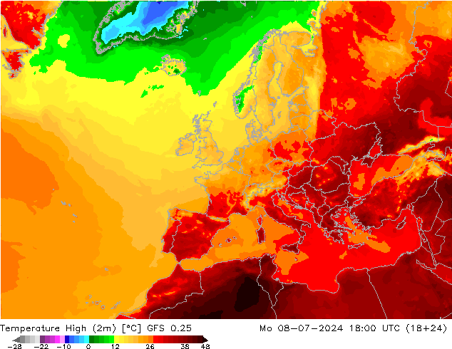 Temperature High (2m) GFS 0.25 星期一 08.07.2024 18 UTC