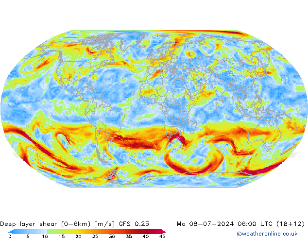 Deep layer shear (0-6km) GFS 0.25 星期一 08.07.2024 06 UTC
