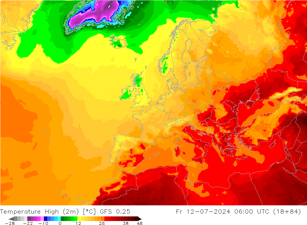 Temperature High (2m) GFS 0.25 星期五 12.07.2024 06 UTC