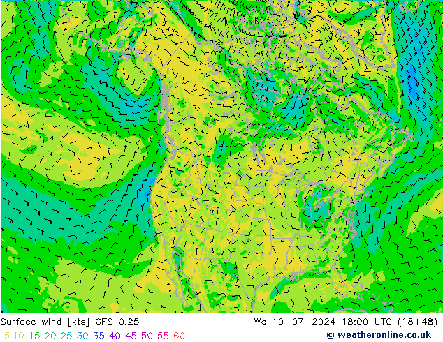 风 10 米 GFS 0.25 星期三 10.07.2024 18 UTC
