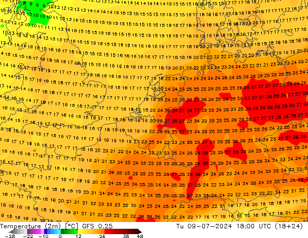温度图 GFS 0.25 星期二 09.07.2024 18 UTC