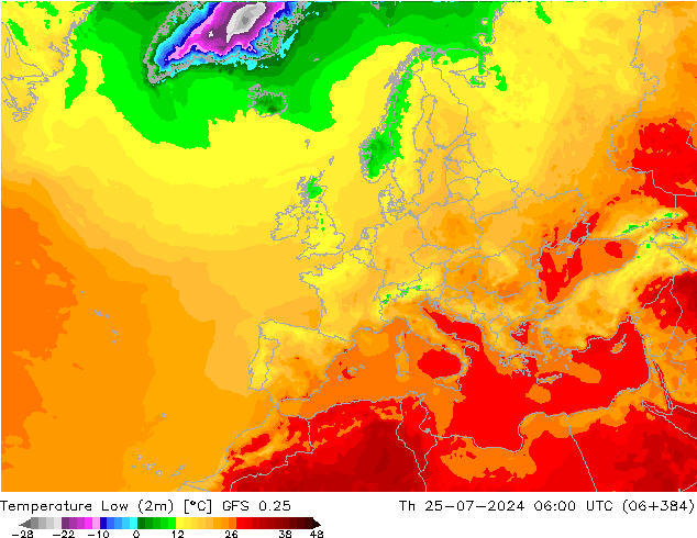 Min.temperatuur (2m) GFS 0.25 do 25.07.2024 06 UTC